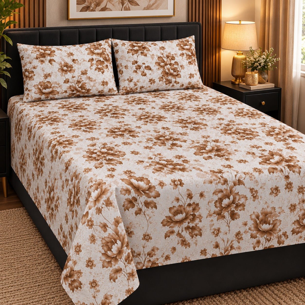Burgundy Berry Branch Printed Cotton Double Bed Sheet with 2 Pillow Cases - The Idea