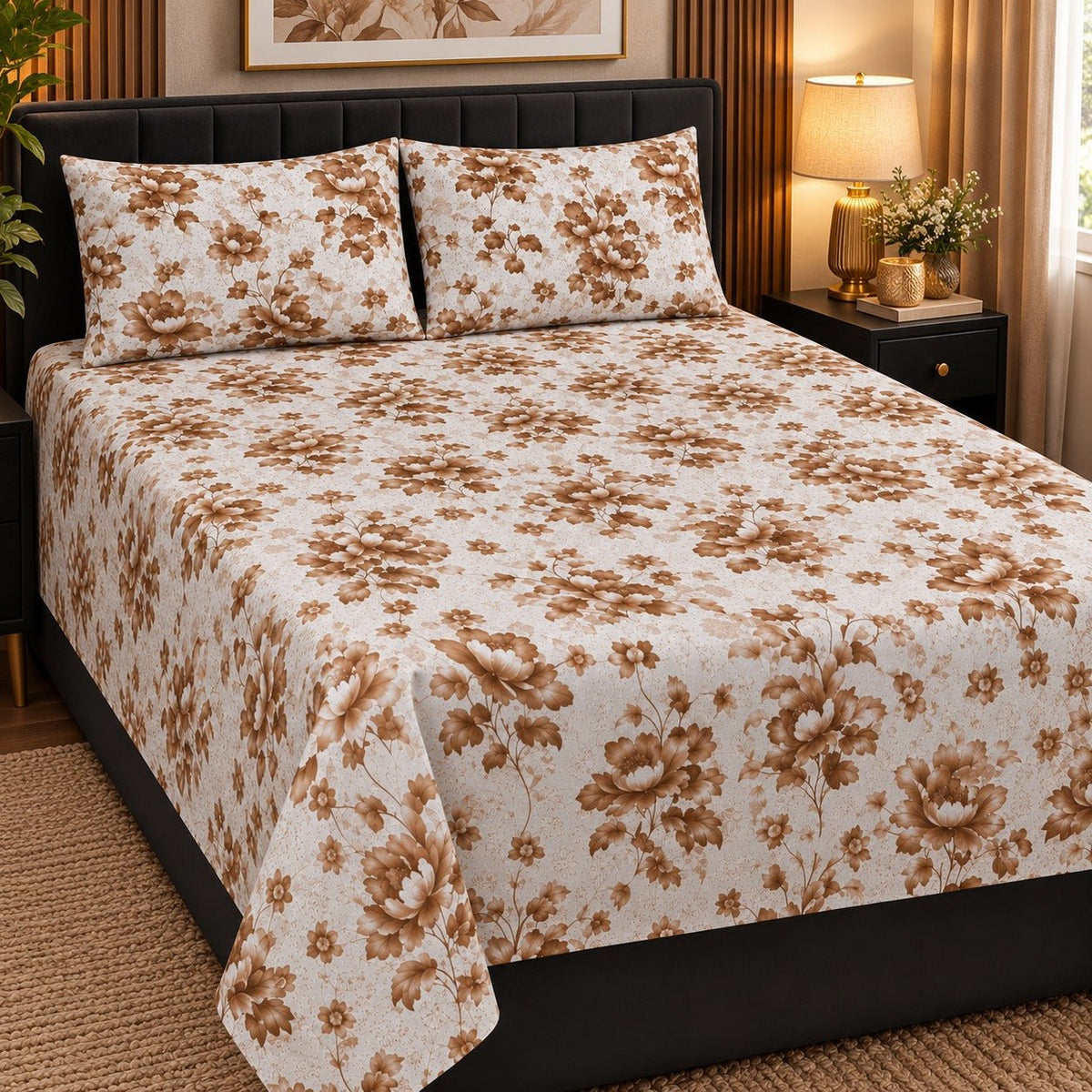 Burgundy Berry Branch Printed Cotton Double Bed Sheet with 2 Pillow Cases - The Idea