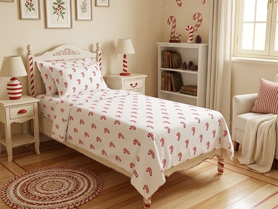 Candy Cane Christmas Kids Single Bed Sheet with Pillow Case - The Idea
