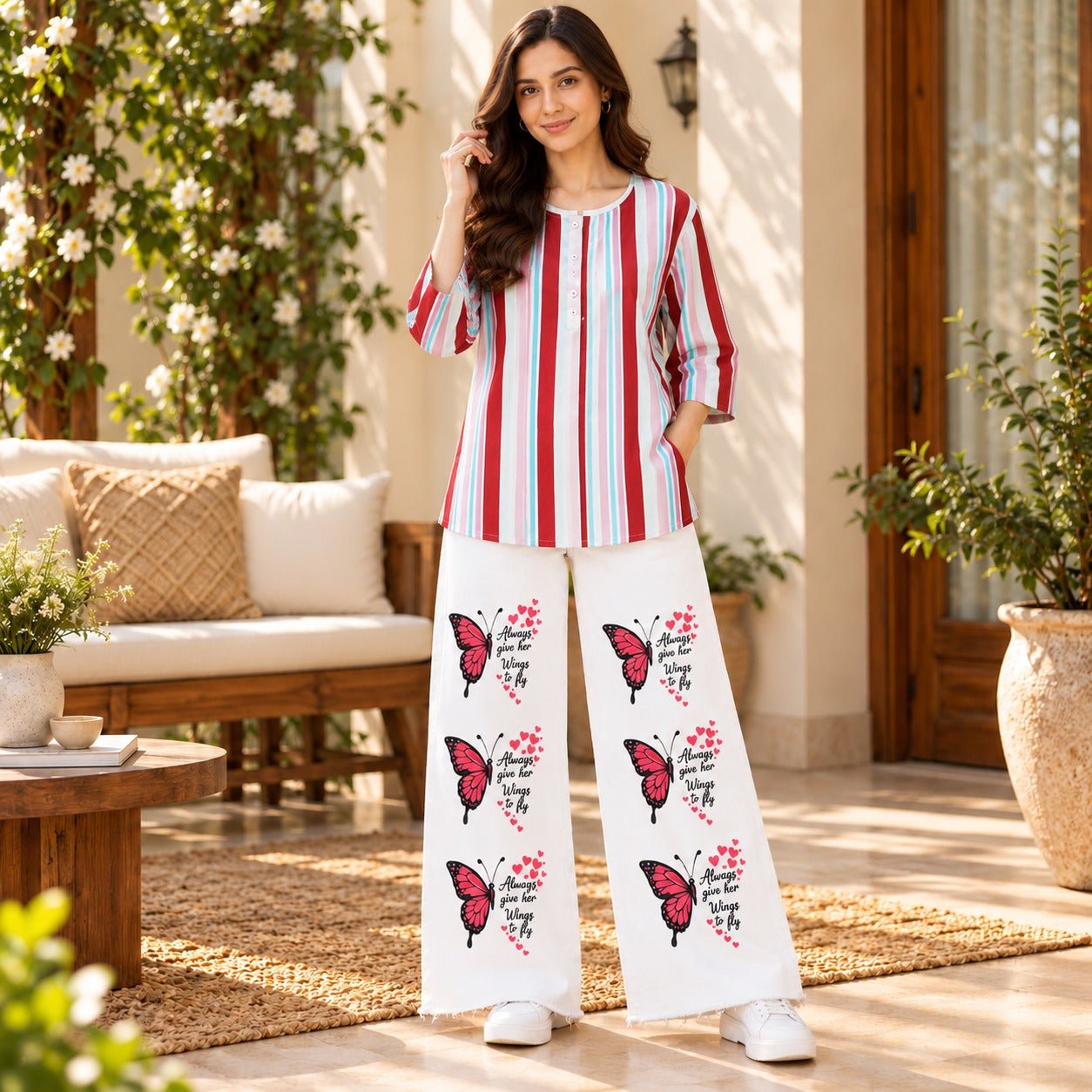 Candy Stripe Top & White Butterfly Trouser Co-ord Set - The Idea