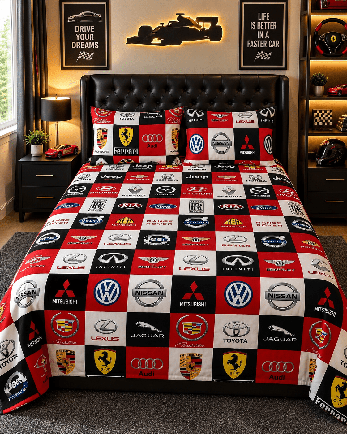 Car Brand Logos Kids Double Bed Sheet with 2 Pillow Cases - The Idea