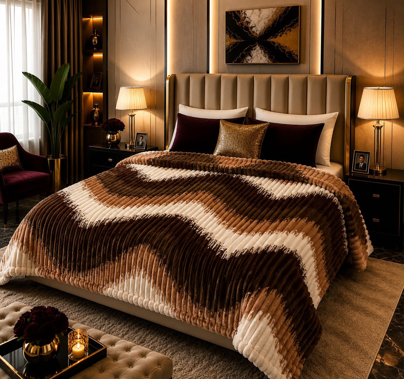 Luxury Caramel Chevron Fleece Blanket Double Bed