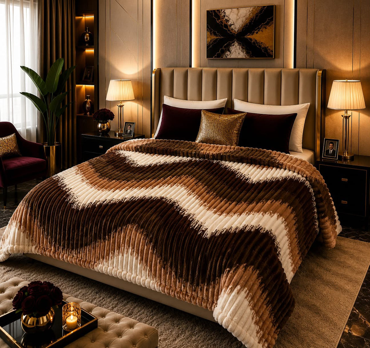 Luxury Caramel Chevron Fleece Blanket Double Bed