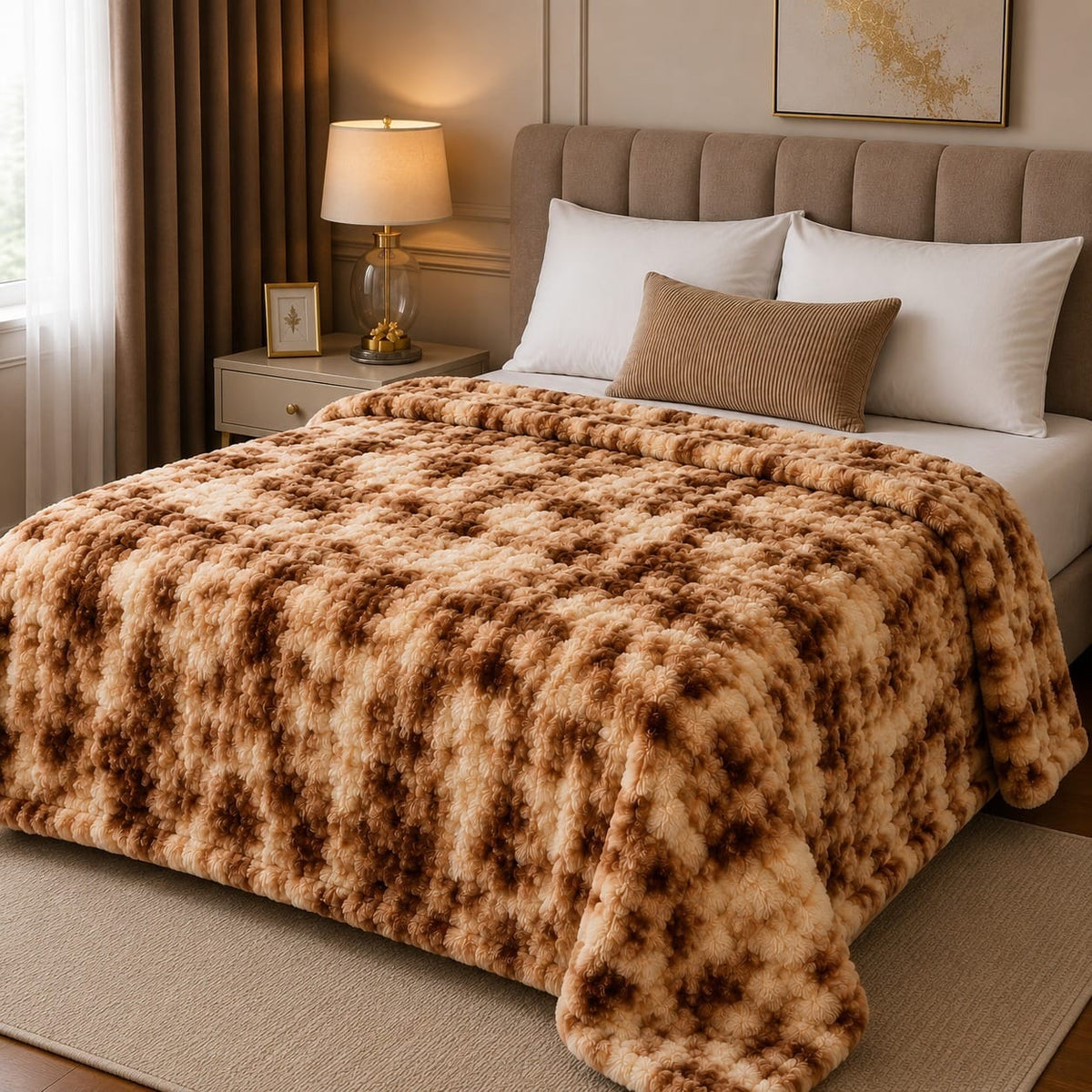Luxury Caramel Rosette Fleece Blanket Double Bed