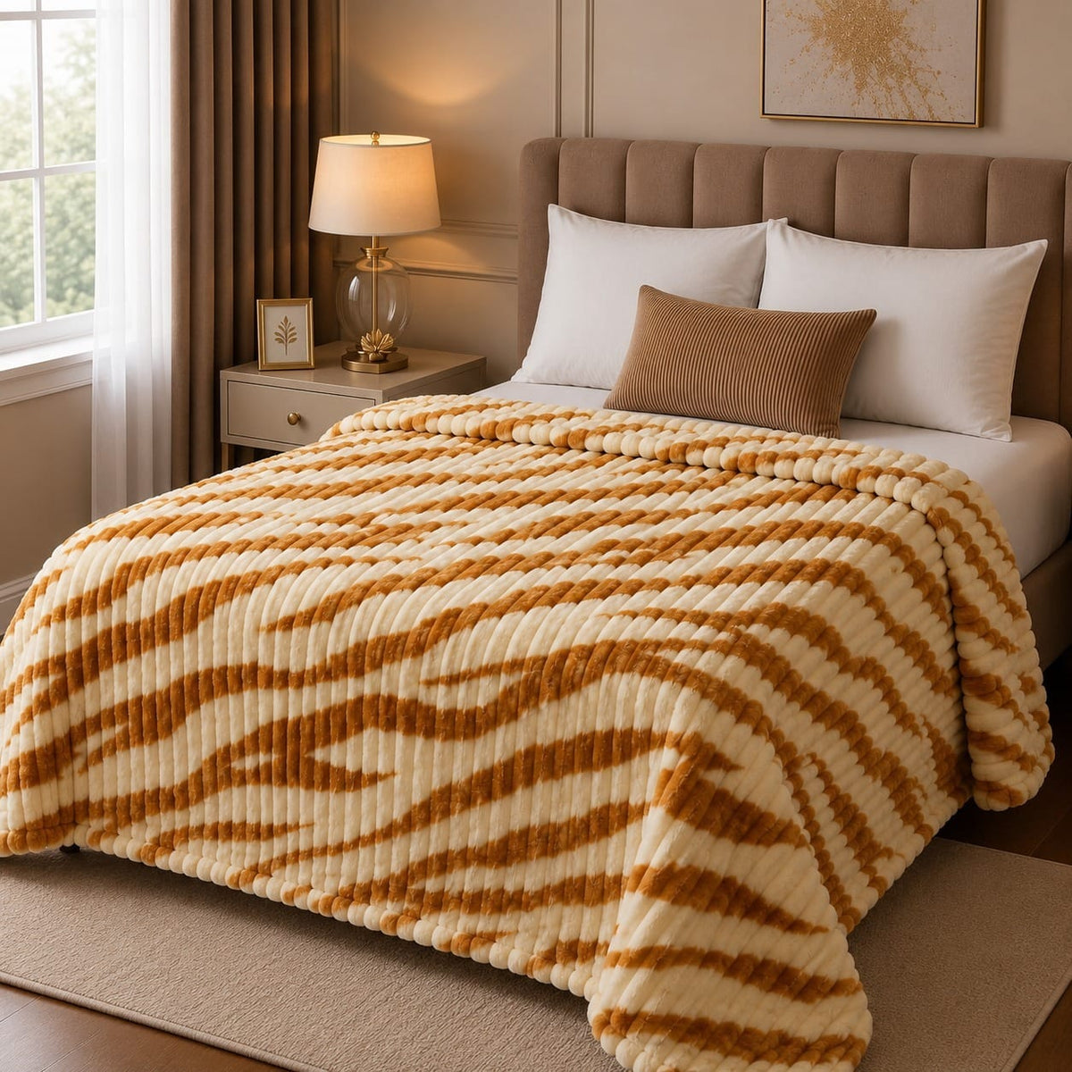 Luxury Caramel Tiger Stripe Fleece Blanket Double Bed