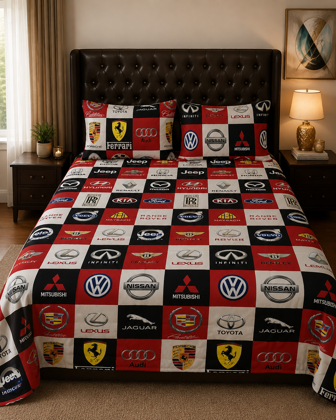 Car Brand Logos Kids Double Bed Sheet with 2 Pillow Cases