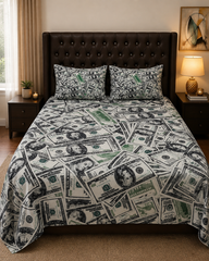 Cash Dollar Bills Kids Double Bed Sheet with 2 Pillow Cases