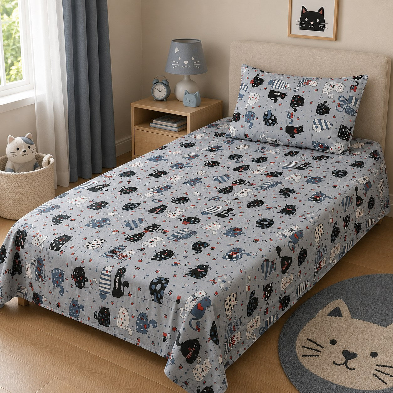 Grey cartoon cats kids single bedsheet 60x90 inches