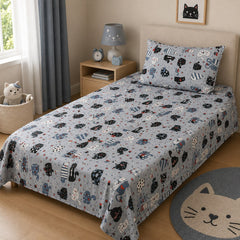 Grey cartoon cats kids single bedsheet 60x90 inches