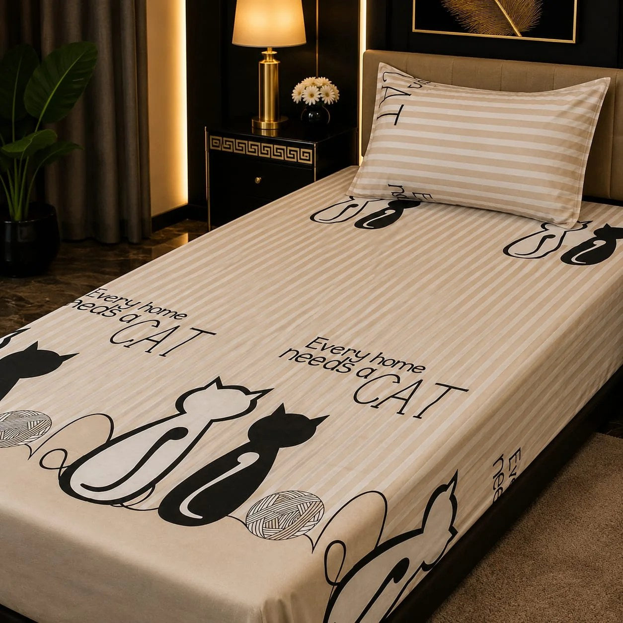 Beige cat printed single bedsheet 60x90 inches