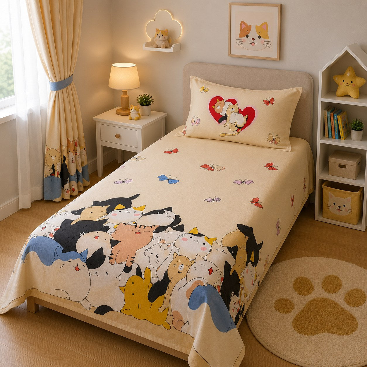 Cute cartoon cats kids single bedsheet 60x90 inches