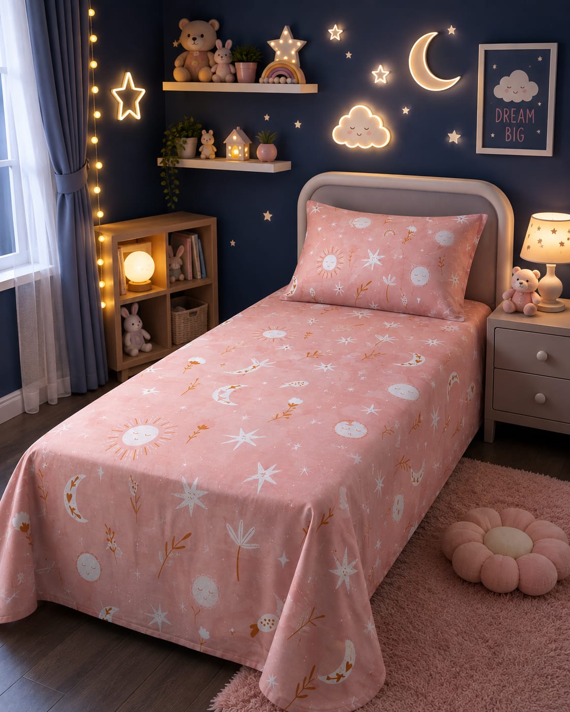 Celestial moon and stars print kids single bed sheet with pillow case