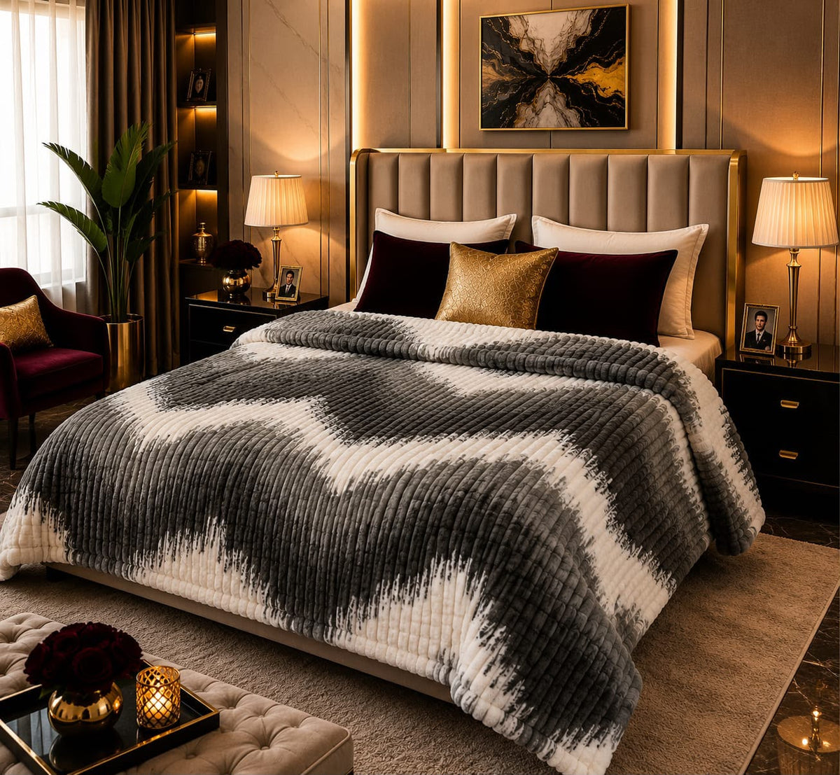 Luxury Charcoal Ikat Fleece Blanket Double Bed