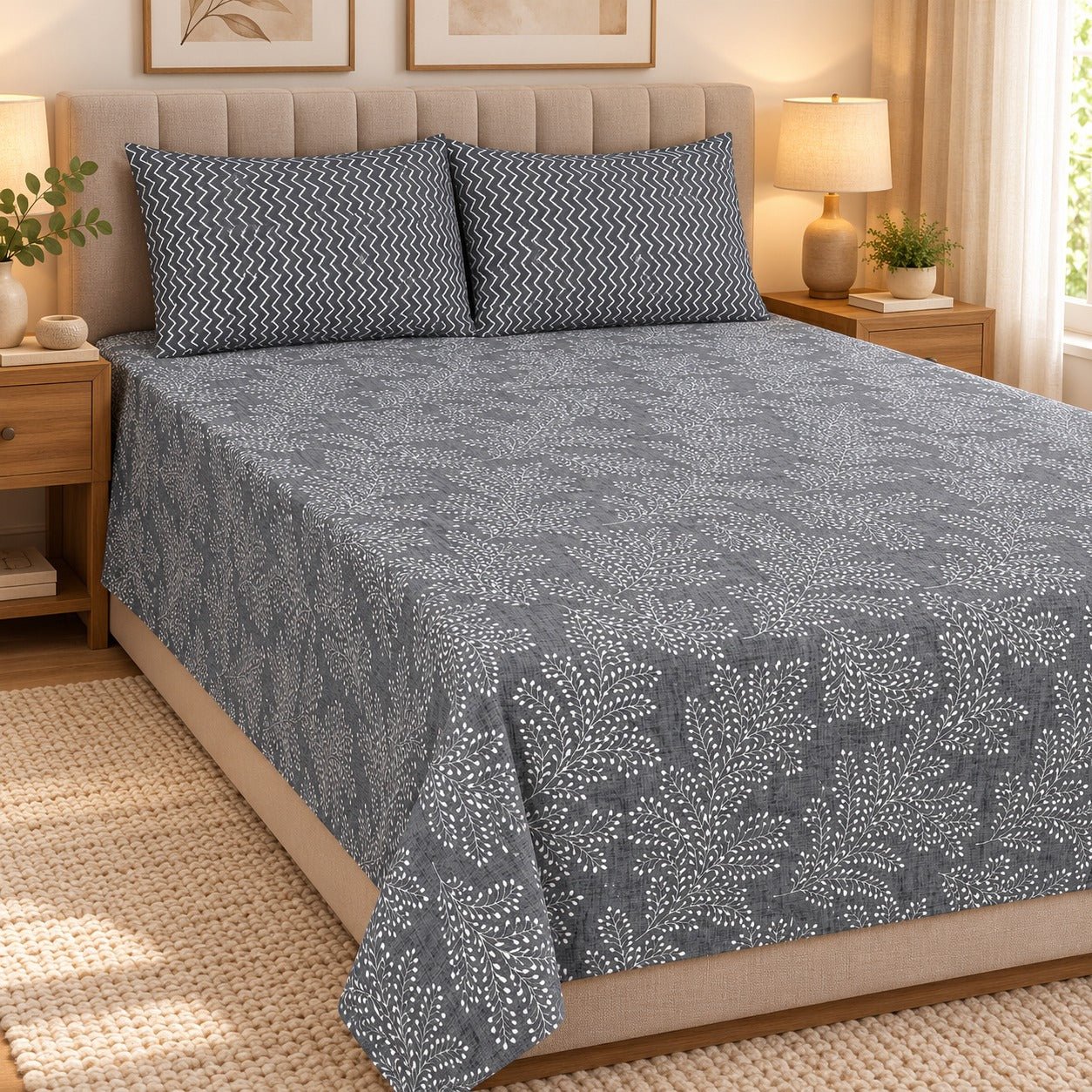 Charcoal Leaf Vine Printed Cotton Double Bed Sheet with 2 Pillow Cases - The Idea