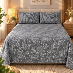 Charcoal Leaf Vine Printed Cotton Double Bed Sheet with 2 Pillow Cases - The Idea