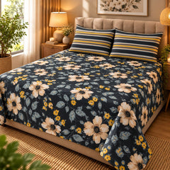 Charcoal Meadow Printed Cotton Double Bed Sheet with 2 Pillow Cases - The Idea