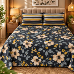 Charcoal Meadow Printed Cotton Double Bed Sheet with 2 Pillow Cases - The Idea