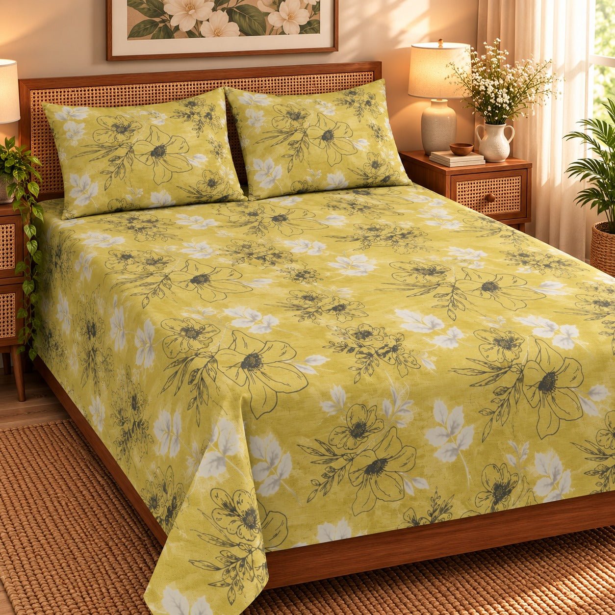 Chartreuse Bloom Printed Cotton Double Bed Sheet with 2 Pillow Cases - The Idea