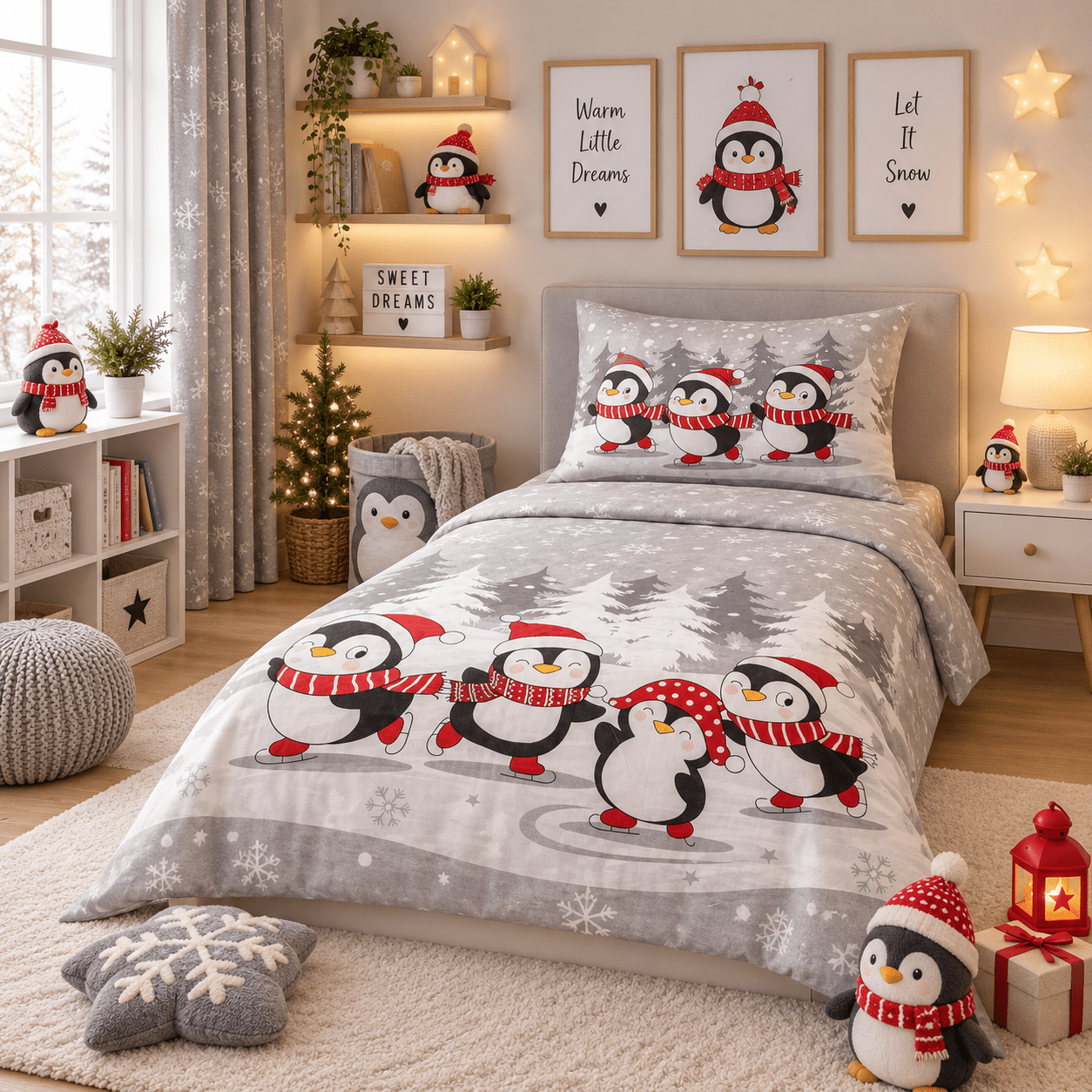 Christmas Penguins Kids Single Bed Sheet with Pillow Case - The Idea