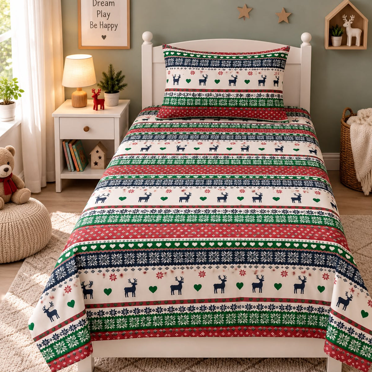 Christmas Reindeer Fair Isle Kids Single Bed Sheet with Pillow Case