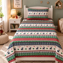 Christmas Reindeer Fair Isle Kids Single Bed Sheet with Pillow Case