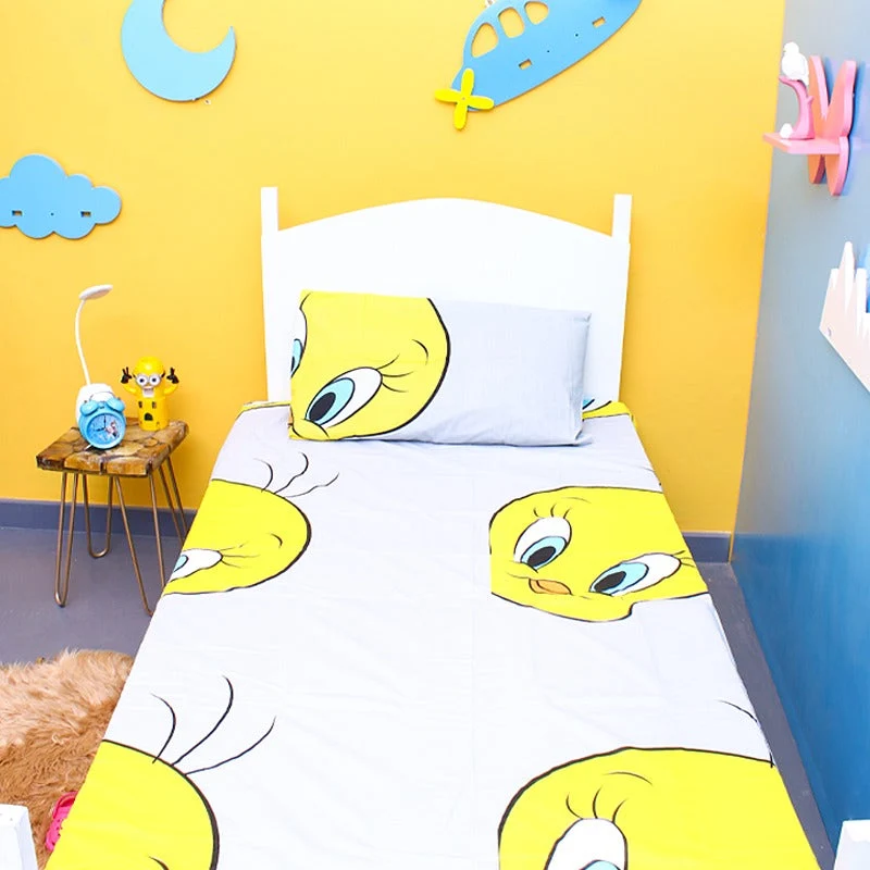 Yellow Bird Cartoon Print Poly-Cotton Bedsheet Set – Single Bed (60x90) – Yellow/Grey