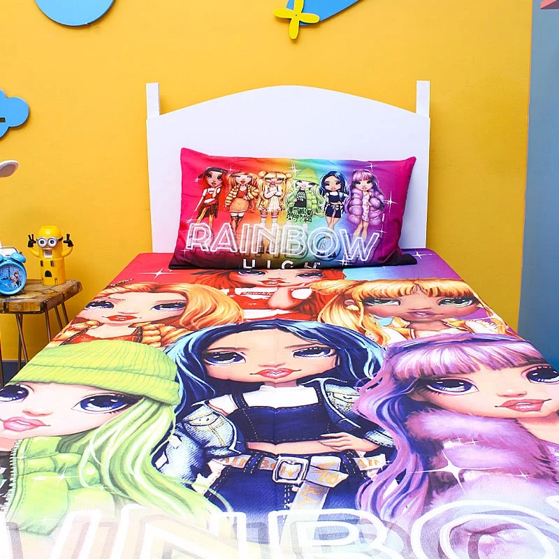 Rainbow Fashion Dolls Print Poly-Cotton Bedsheet Set – Single Bed (60x90) – Multicolor