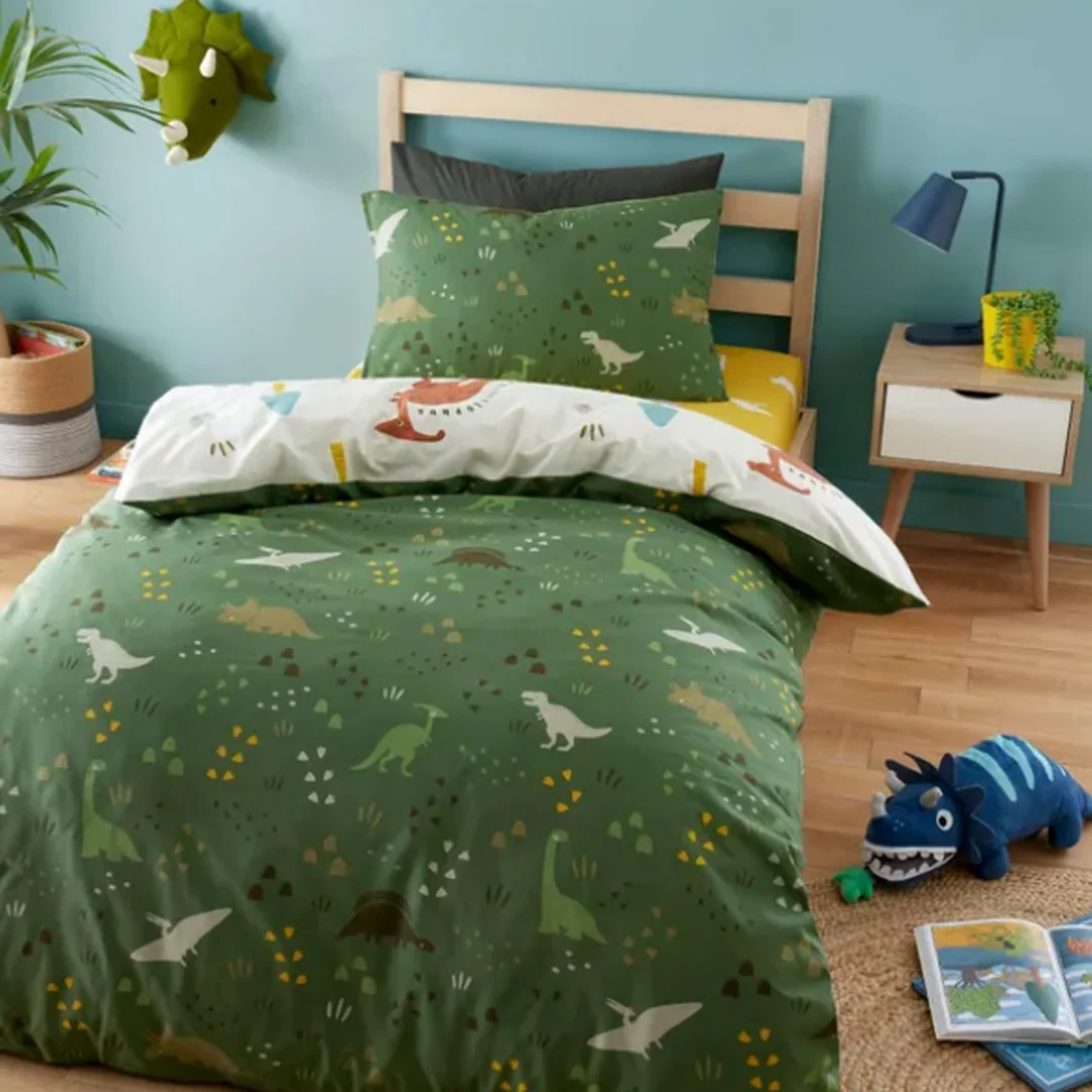 Dinosaur Print Poly-Cotton Bedsheet Set – Single Bed (60x90) – Green
