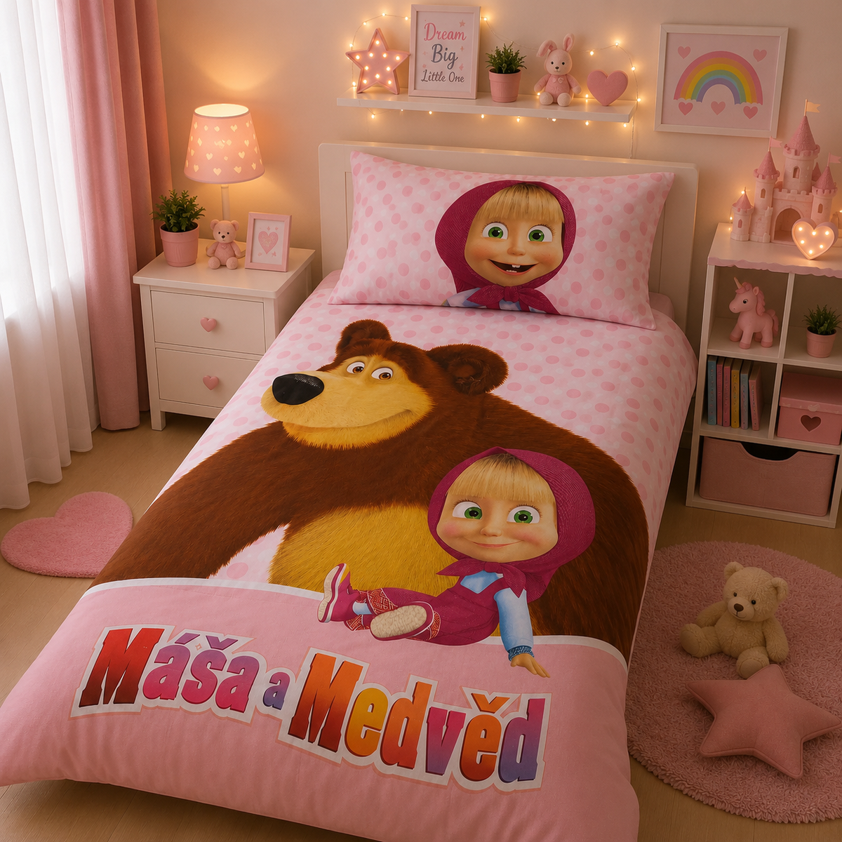 Cute Girl & Bear Cartoon Print Poly-Cotton Bedsheet Set – Single Bed (60x90) – Pink