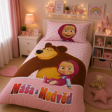 Cute Girl & Bear Cartoon Print Poly-Cotton Bedsheet Set – Single Bed (60x90) – Pink