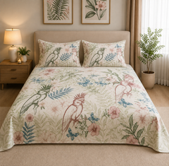 Tropical Cockatoo Floral Double Bed Sheet with 2 Pillow Cases