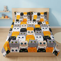 Colourful Cats Kids Double Bed Sheet with 2 Pillow Cases