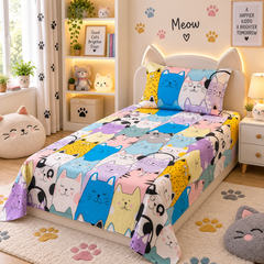 Colourful Cats Meow Kids Single Bed Sheet with Pillow Case - The Idea