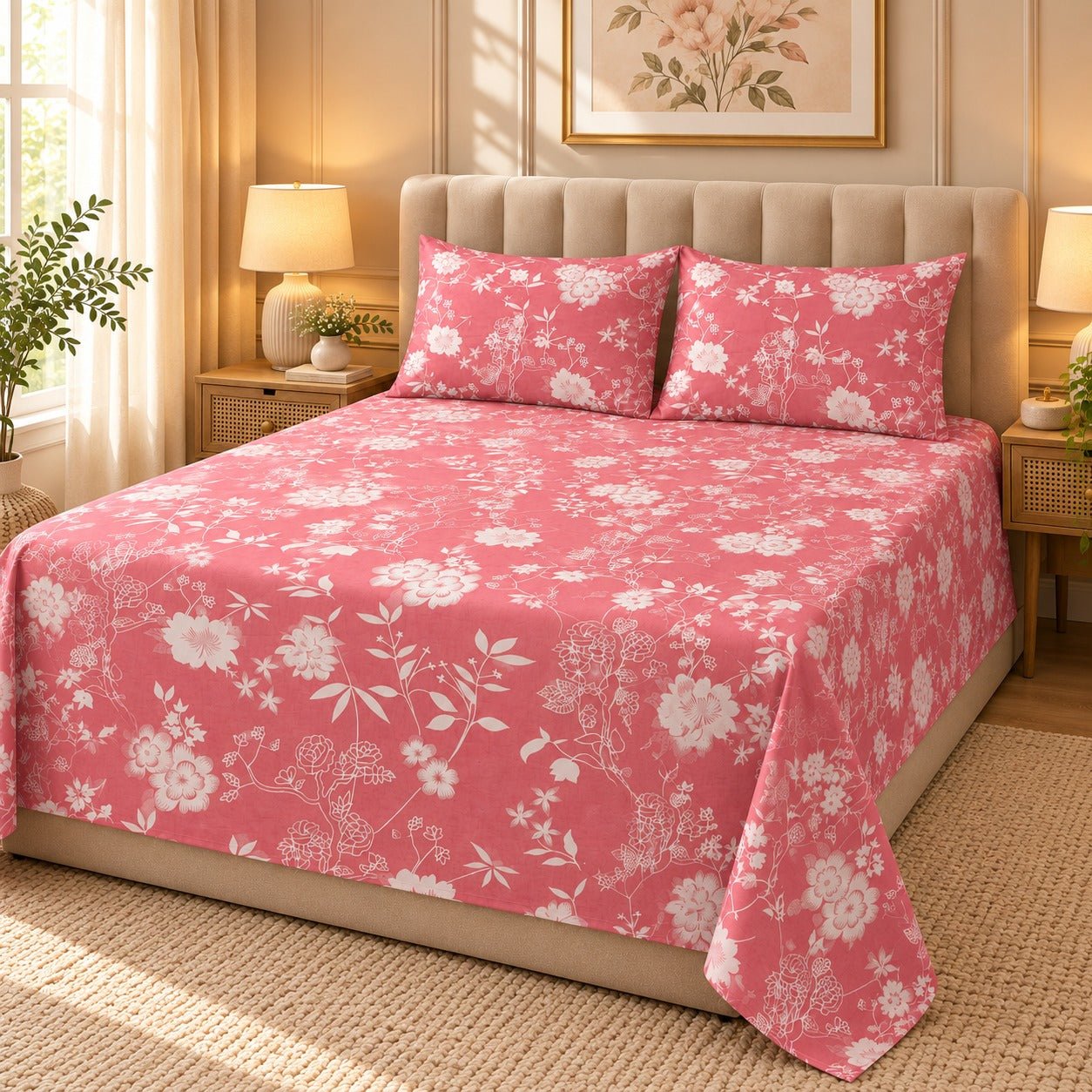 Coral Blossom Spray Printed Cotton Double Bed Sheet with 2 Pillow Cases - The Idea