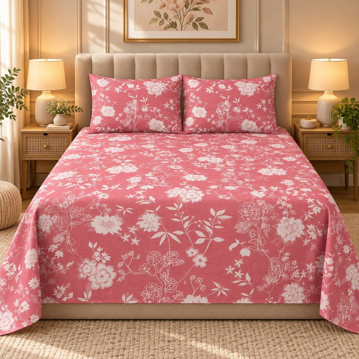 Coral Blossom Spray Printed Cotton Double Bed Sheet with 2 Pillow Cases - The Idea