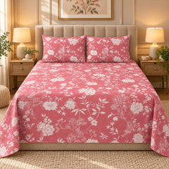 Coral Blossom Spray Printed Cotton Double Bed Sheet with 2 Pillow Cases - The Idea