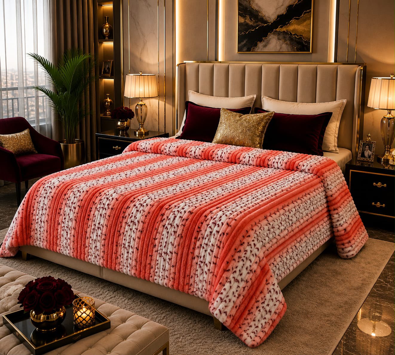 Luxury Coral Blush Stripe Fleece Blanket Double Bed