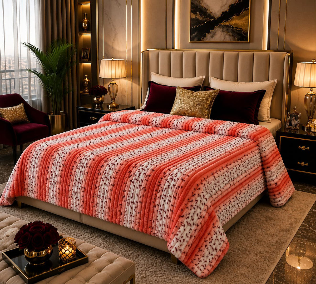 Luxury Coral Blush Stripe Fleece Blanket Double Bed
