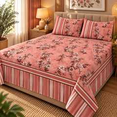 Coral Floral Stripe Printed Cotton Double Bed Sheet with 2 Pillow Cases - The Idea