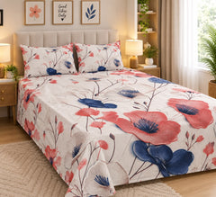 Coral & Navy Poppy Kids Double Bed Sheet with 2 Pillow Cases - The Idea