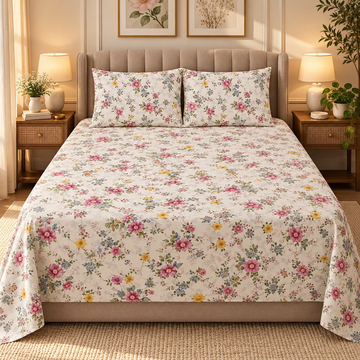 Cottage Multiflora Printed Cotton Double Bed Sheet with 2 Pillow Cases - The Idea