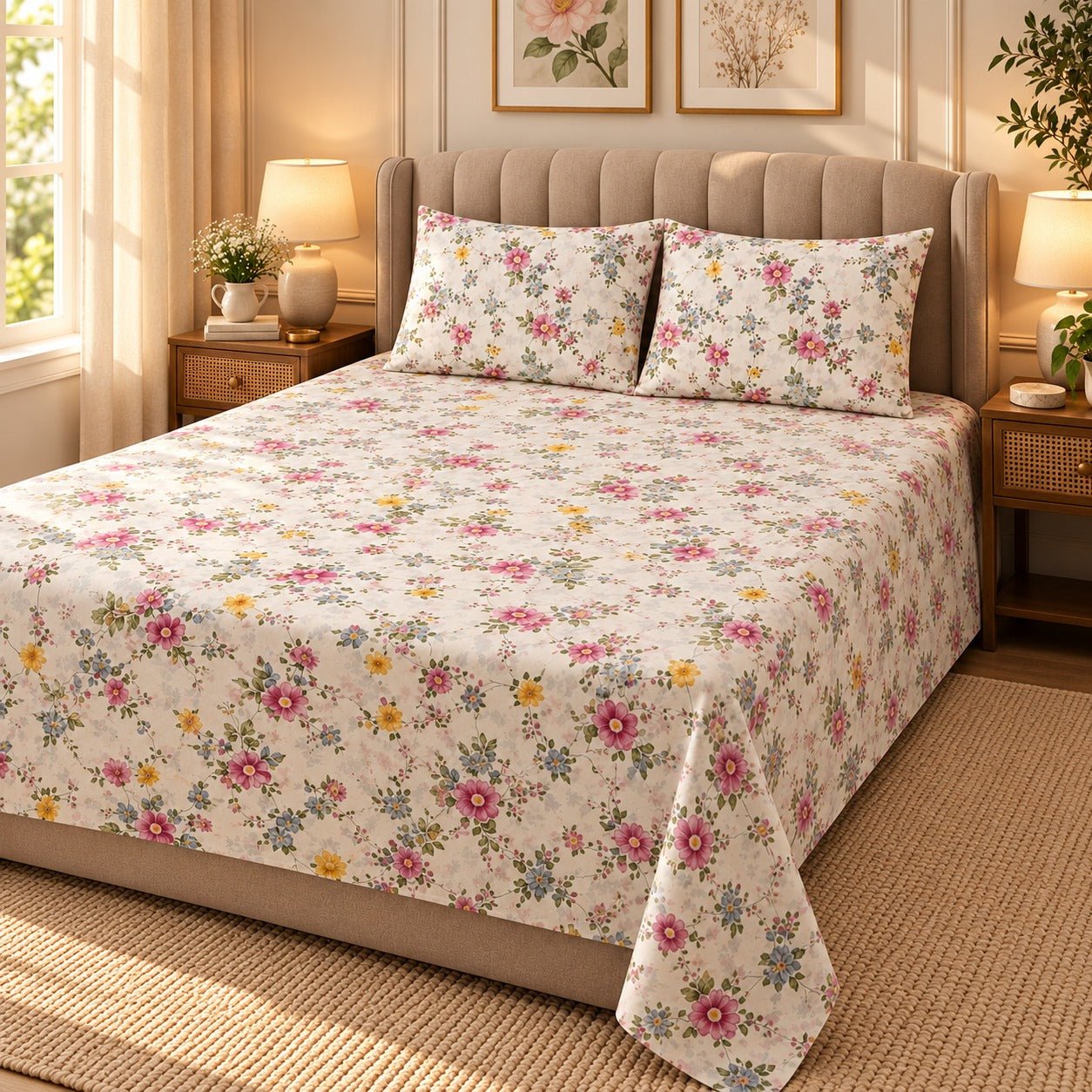 Cottage Multiflora Printed Cotton Double Bed Sheet with 2 Pillow Cases - The Idea