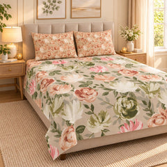 Cottage Rose Garden Printed Cotton Double Bed Sheet with 2 Pillow Cases - The Idea