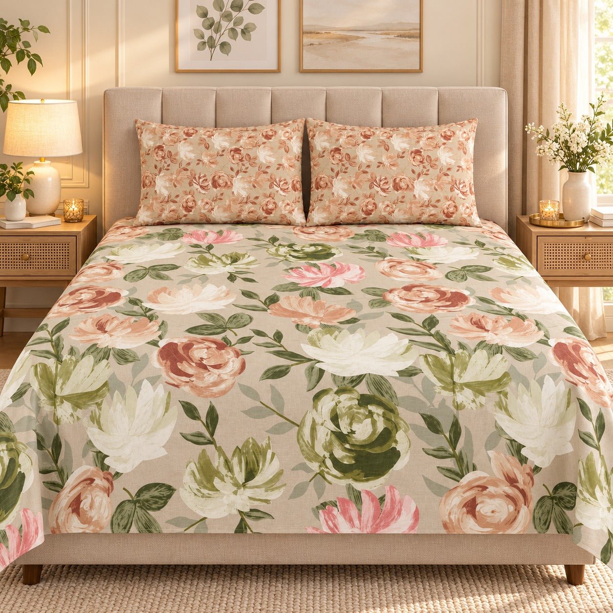 Cottage Rose Garden Printed Cotton Double Bed Sheet with 2 Pillow Cases - The Idea