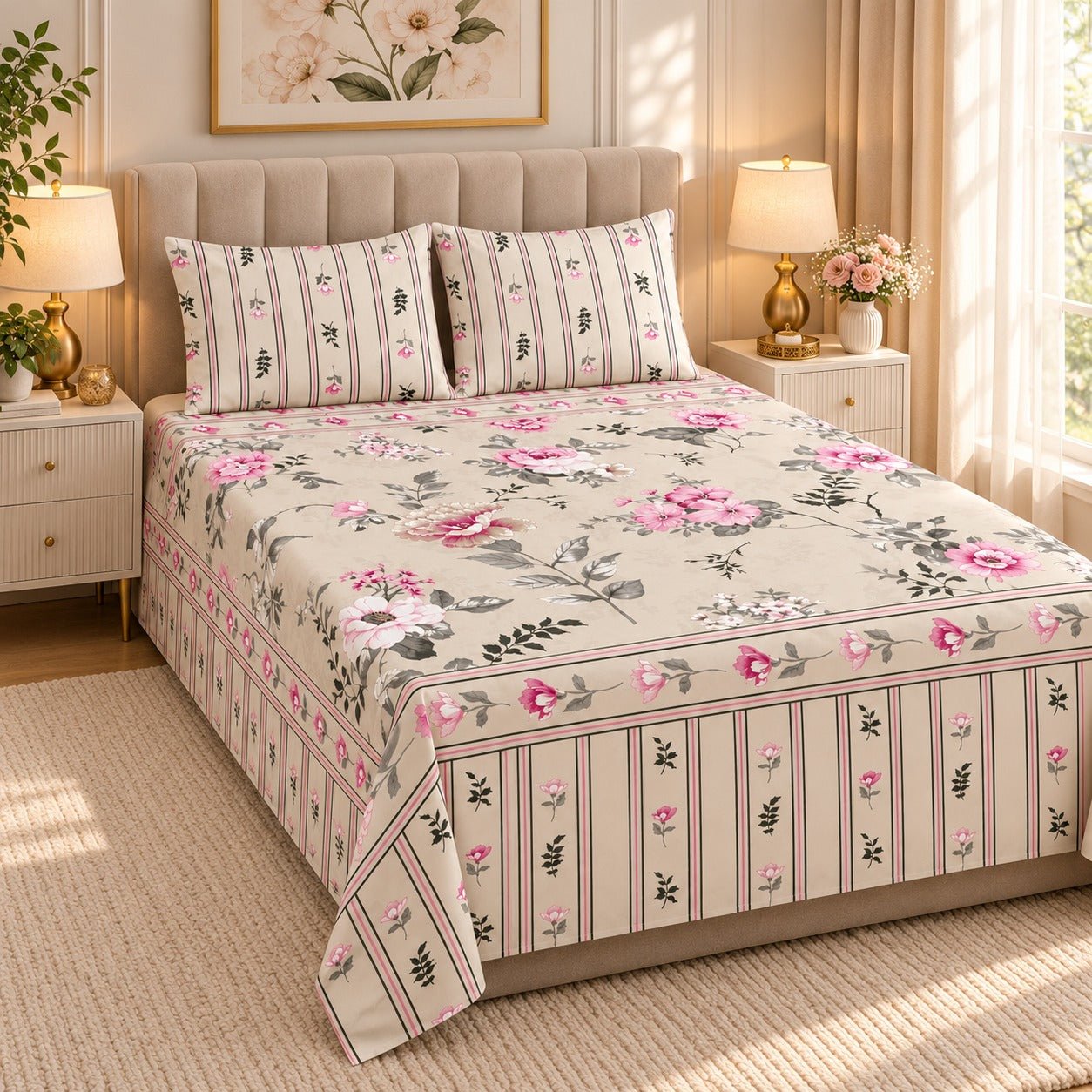 Cottage Stripe Bouquet Printed Cotton Double Bed Sheet with 2 Pillow Cases - The Idea