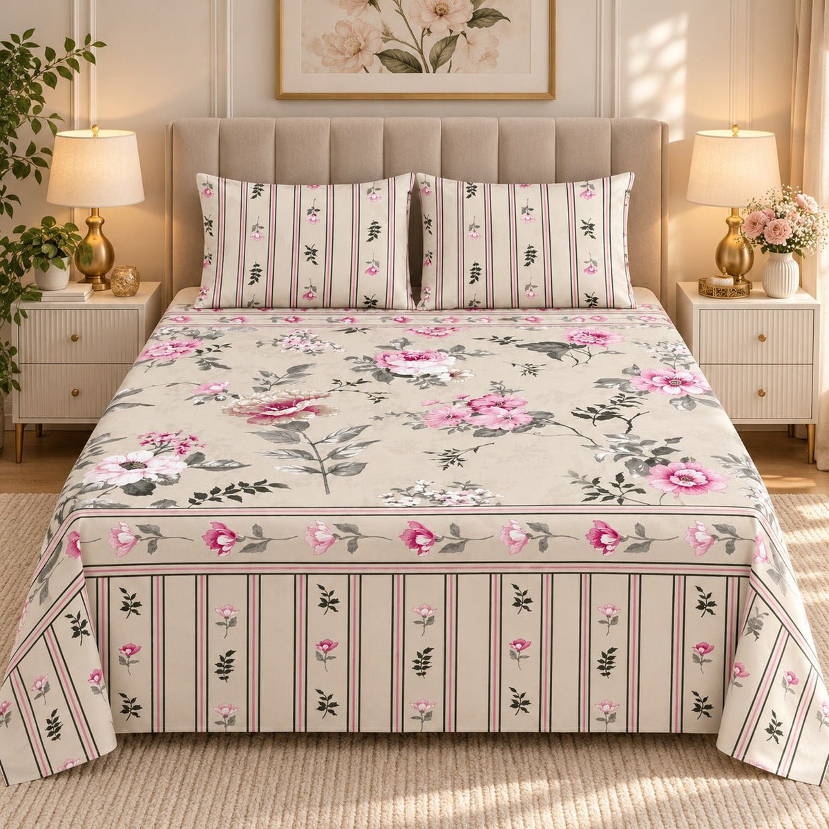 Cottage Stripe Bouquet Printed Cotton Double Bed Sheet with 2 Pillow Cases - The Idea