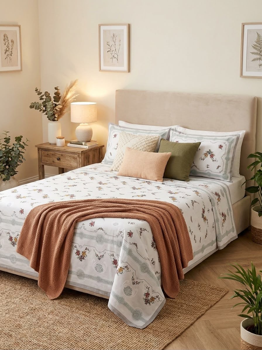 Cream Floral Border Kids Double Bed Sheet with 2 Pillow Cases - The Idea
