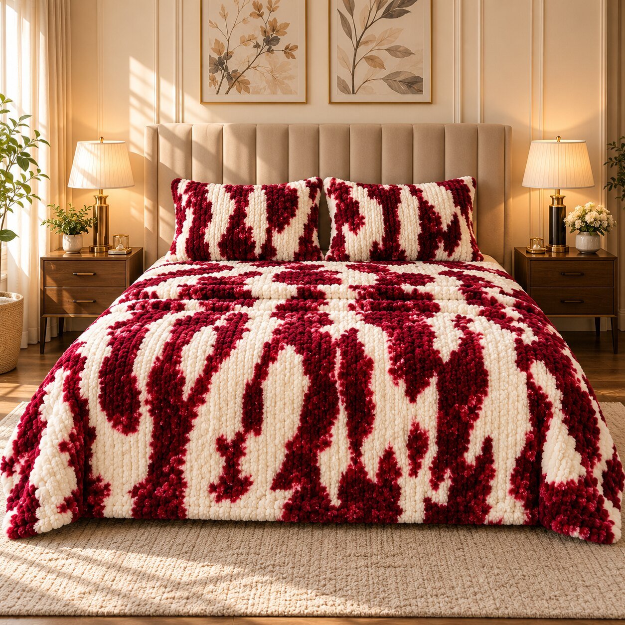 Crimson Ikat Fleece Double Bed Sheet with 2 Pillow Cases - 90 x 95 Inches - The Idea