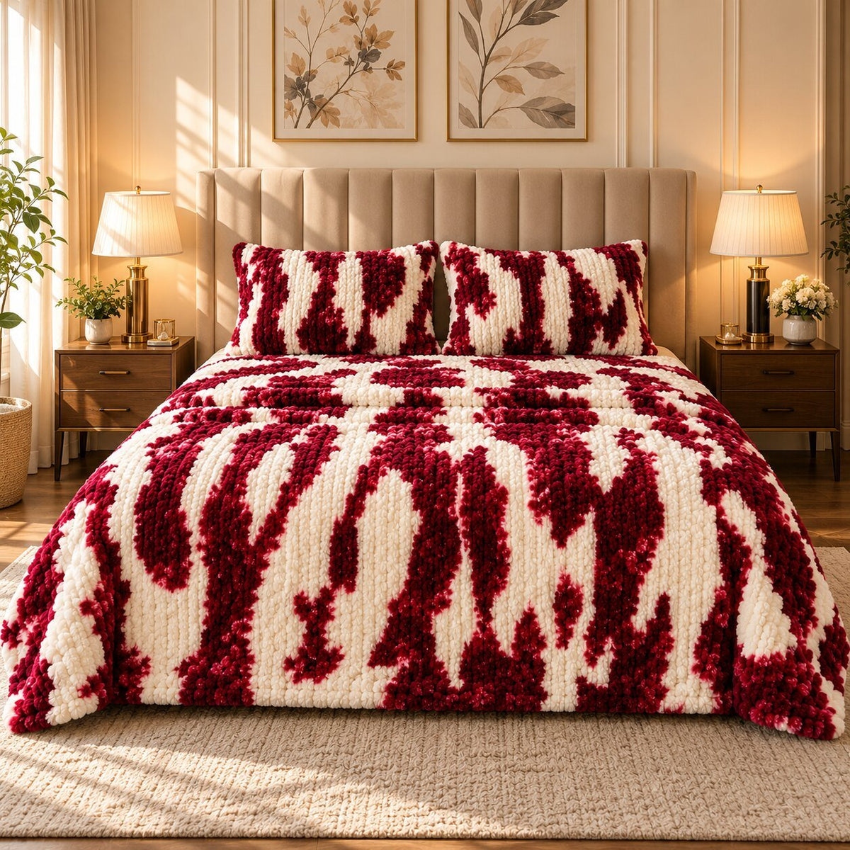 Crimson Ikat Fleece Double Bed Sheet with 2 Pillow Cases - 90 x 95 Inches - The Idea
