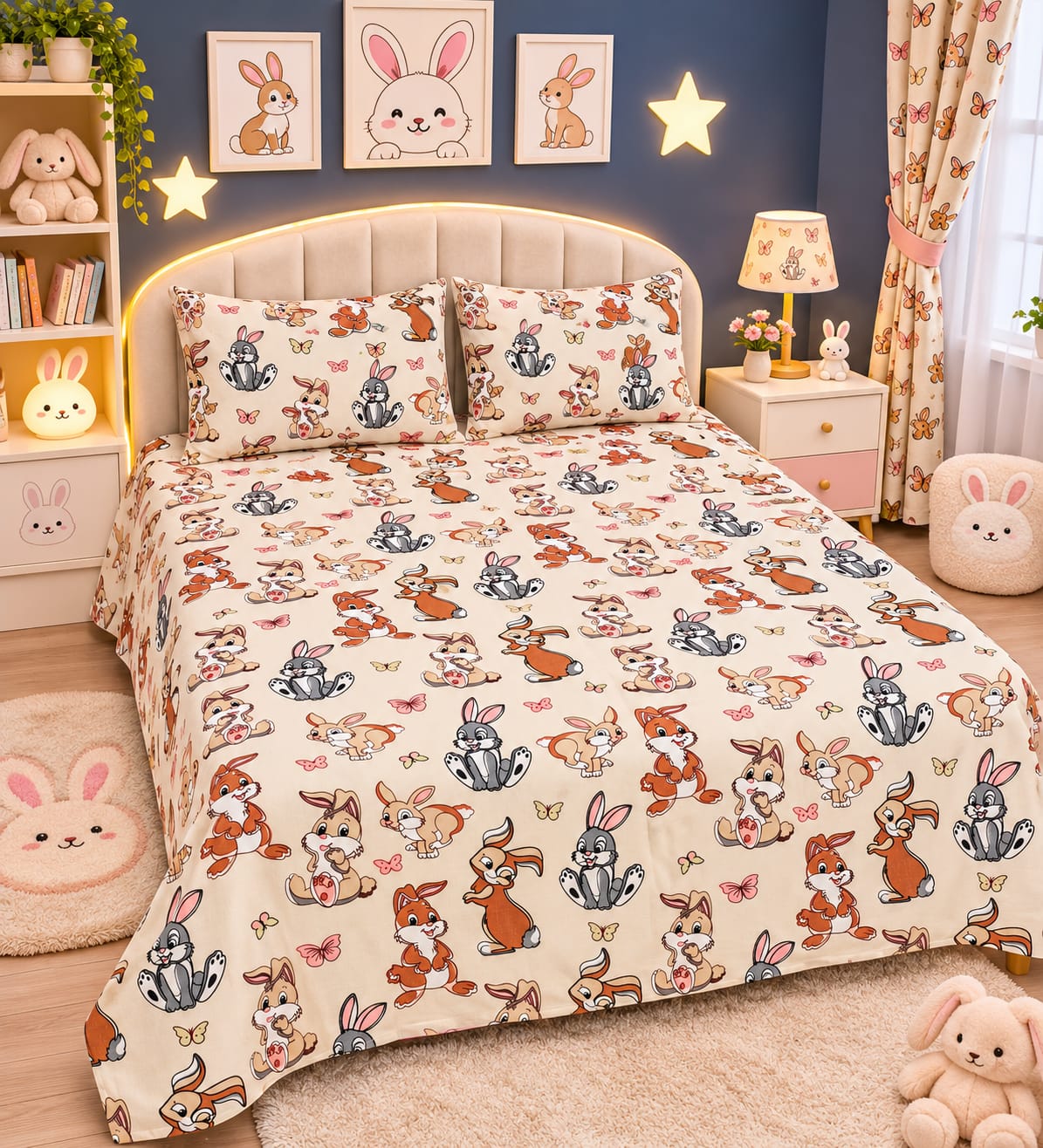 Cute Bunnies Kids Double Bed Sheet with 2 Pillow Cases